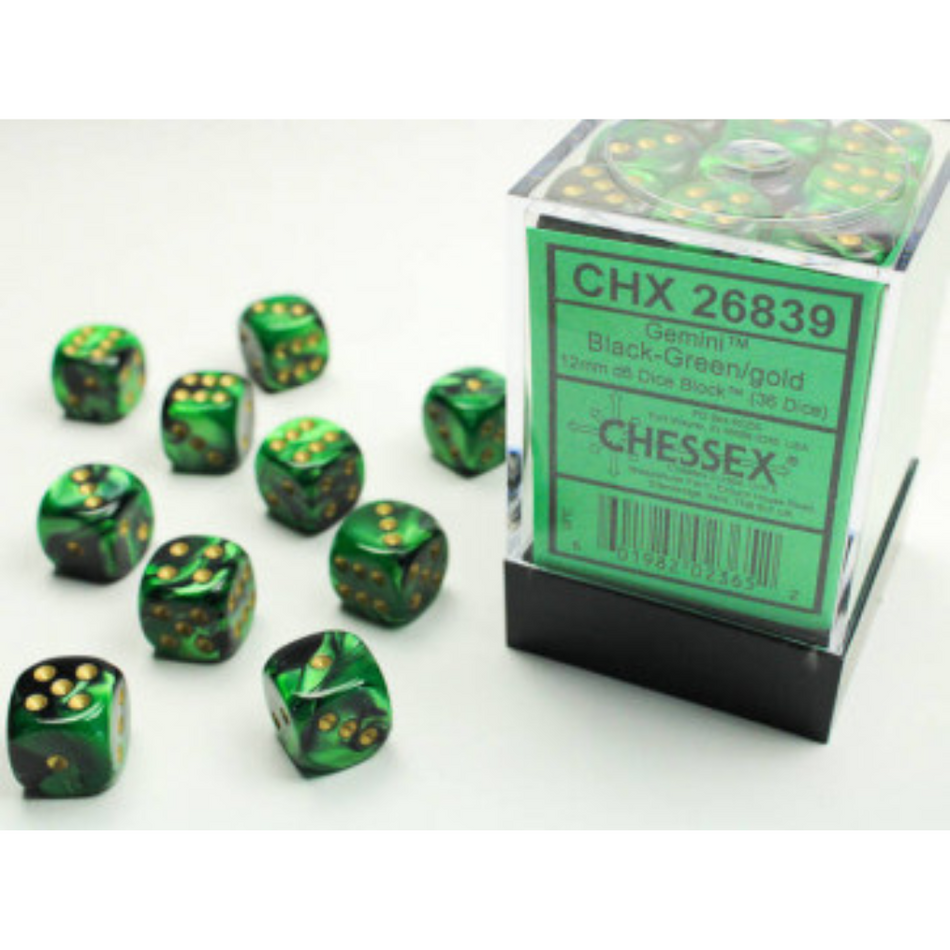 Chessex 12mm D6 Dice Block Gemini Black-Green/Gold Gaming Dice Chessex Dice Default Title  