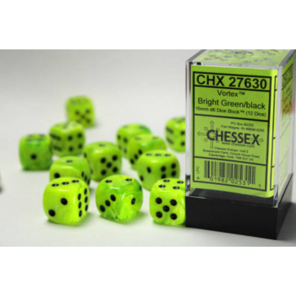 Chessex 16mm D6 Dice Block Vortex Bright Green/Black Gaming Dice Chessex Dice Default Title  