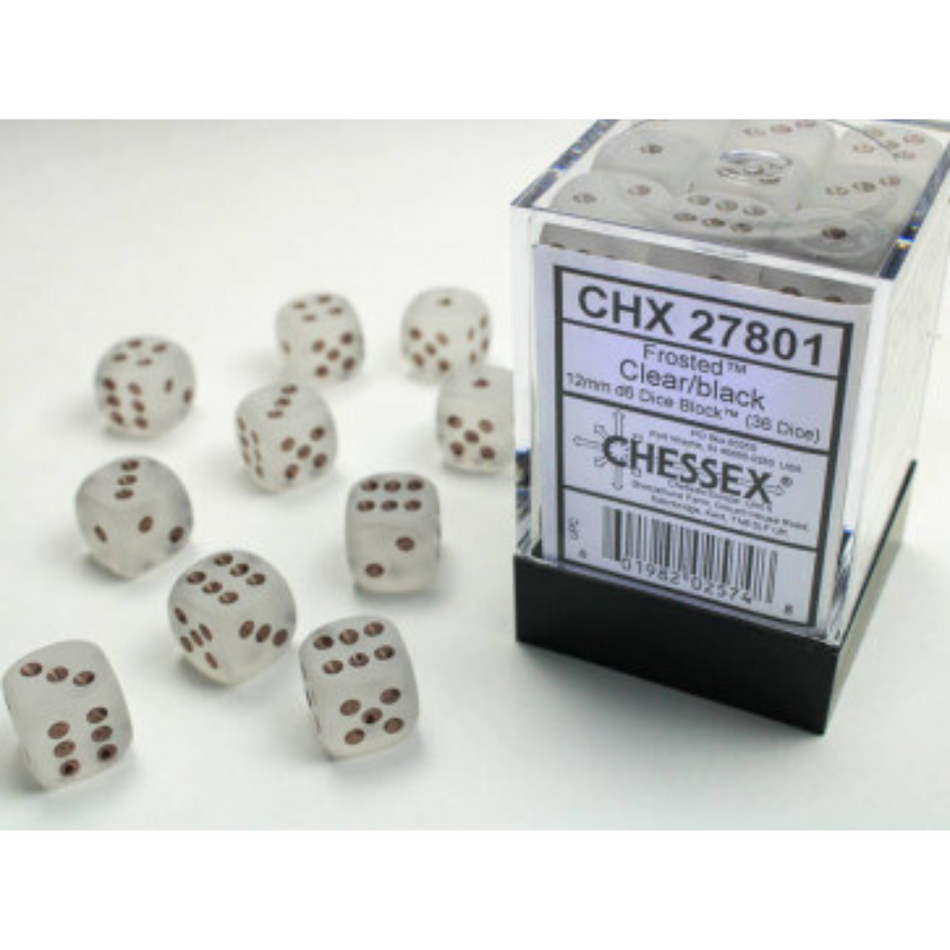 Chessex 12mm D6 Dice Block Frosted Clear/Black Gaming Dice Chessex Dice Default Title  