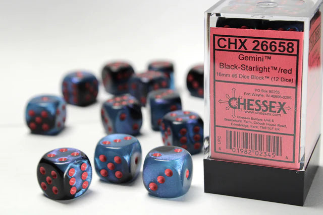 Gemini 16mm d6 Starlight Black/Red Block (12) Chessex Dice Chessex Dice   