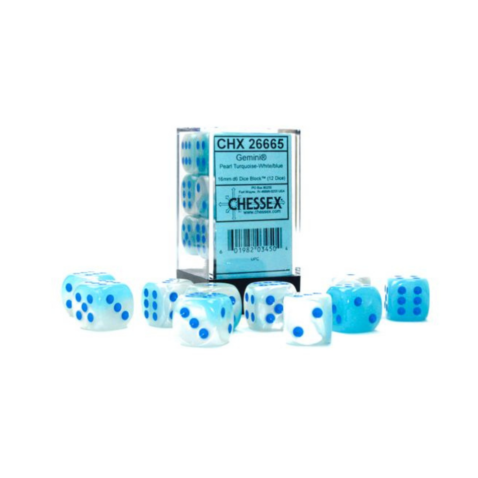 Gemini 16mm d6 Pearl Turquoise-White/Blue Luminary Block (12) Chessex Dice Chessex Dice Default Title  