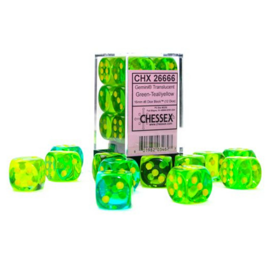 Gemini 16mm d6 Translucent Green-Teal/Yellow Block (12) Chessex Dice Chessex Dice Default Title  