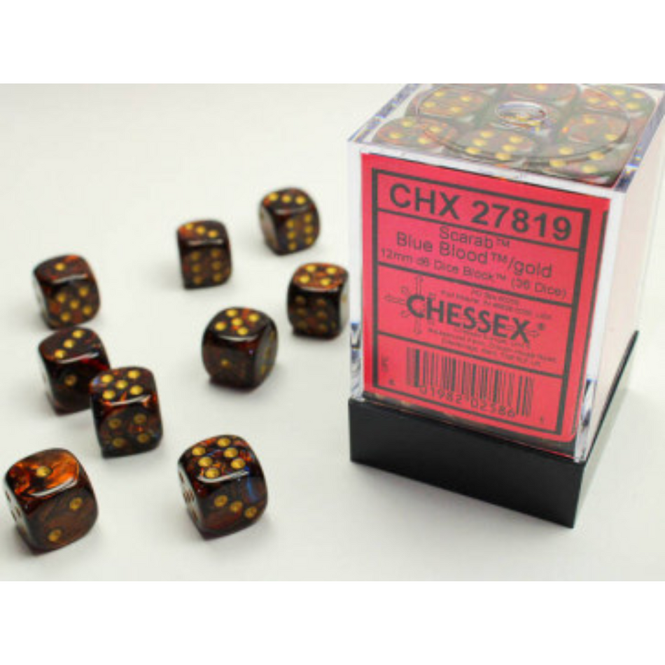 Chessex 12mm D6 Dice Block Scarab Blue Blood/Gold Gaming Dice Chessex Dice Default Title  